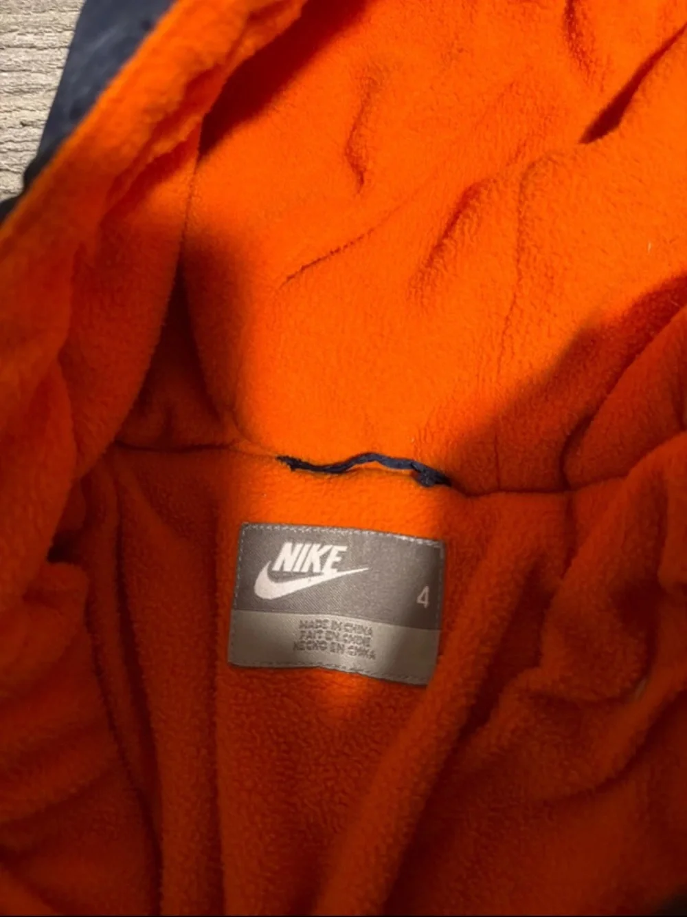 Nike Kids Navy Puffer Coat with Orange Hood and Trim size 4